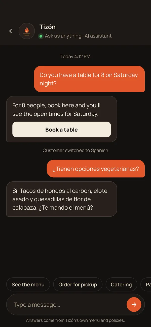 Tizón's AI assistant answering a table request on a phone