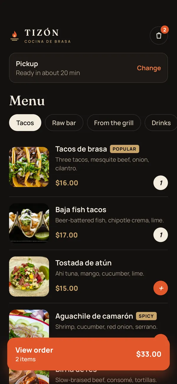 Tizón menu on a phone