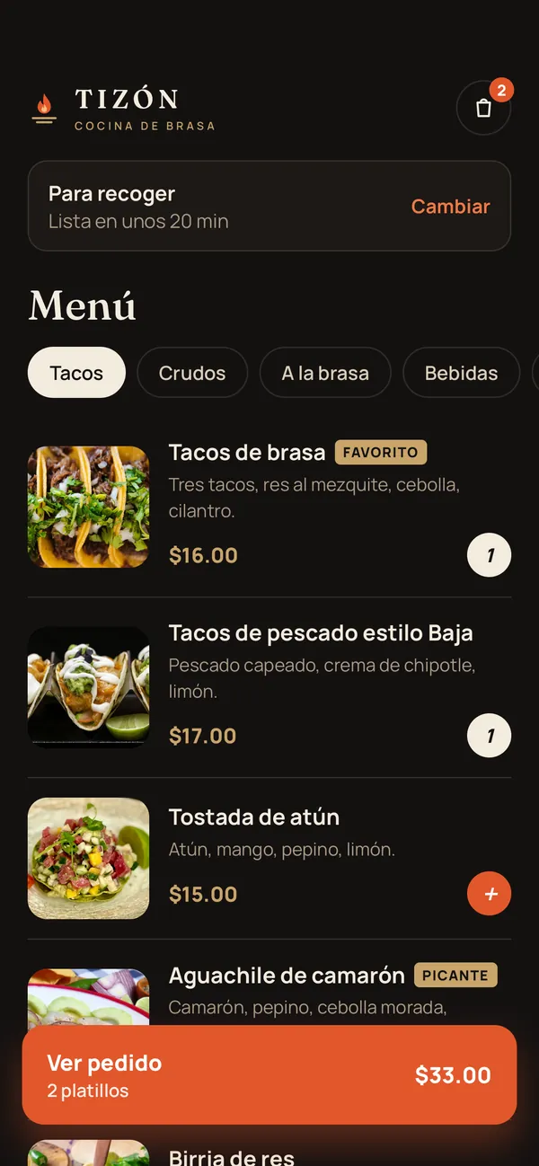 Menú de Tizón en el celular