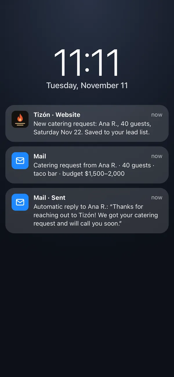 The owner's phone: request saved, details emailed, automatic reply sent