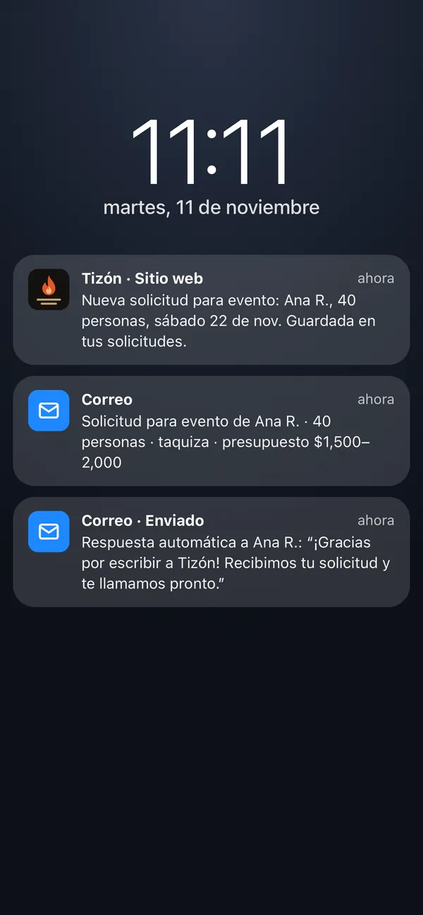 El celular del dueño: solicitud guardada, detalles por correo, respuesta automática enviada